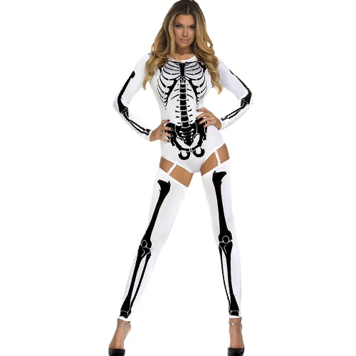 Women Halloween Costume Bodycon Jumpsuit Skull Print Role Play Sexy Adult Playsuit Rompers Red/White