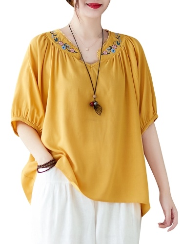 

Women Loose Blouse Embroidery Batwing Sleeves Plus Size Vintage Holiday T-Shirts