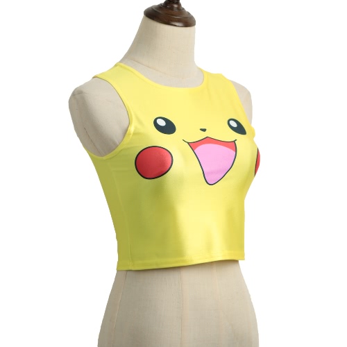 

New Fashion Women Crop Top Cartoon Pattern Print Color Block Sleeveless Style Casual Tops Yellow/Green