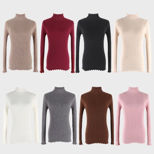 

New Women Knitted Sweater Turtleneck Long Sleeve Slim Wave Solid Pullover Bottoming Basic Knitwear Top