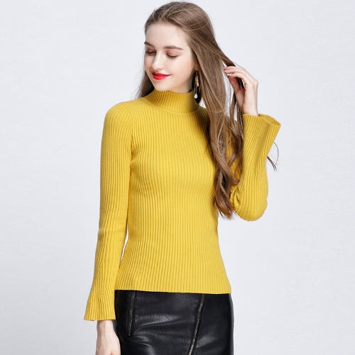 

Fashion Winter Women Ribbed Flare Sleeves Stand Collar Women's Sweater