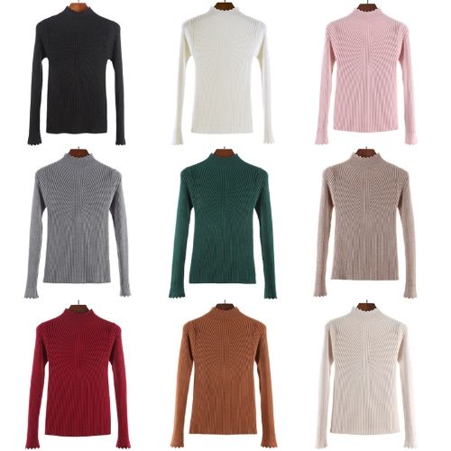 

Fashion Women Turtleneck Long Sleeve Ruffled Knitting Sweater Solid Basic Pullover Slim Fit Knitwear Jumper Tops