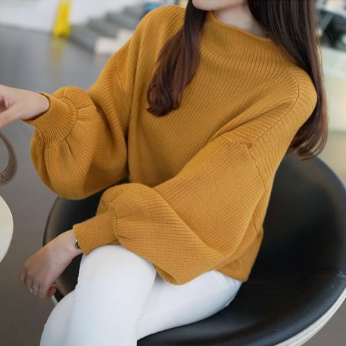

Women High Neck Bat Lantern Sleeve Knitted Sweater