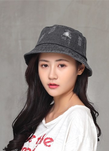 

Women Men Bonnie Bucket Hat Denim Distressed Brim Visor Sun Shade Fishing Packable Summer Cap