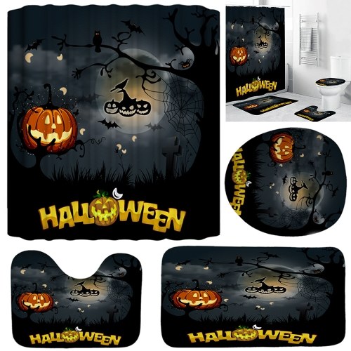 4 Piece Halloween Bathroom Decoration Waterproof Shower Curtain Base Carpet Cover Toilet Seat Cushion Non-slip Bath Mat Set