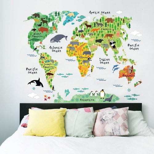 

Large Kids Educational Animal Landmarks World Map Peel Stick Wall Decals Stickers Home Decor Art for Nursery