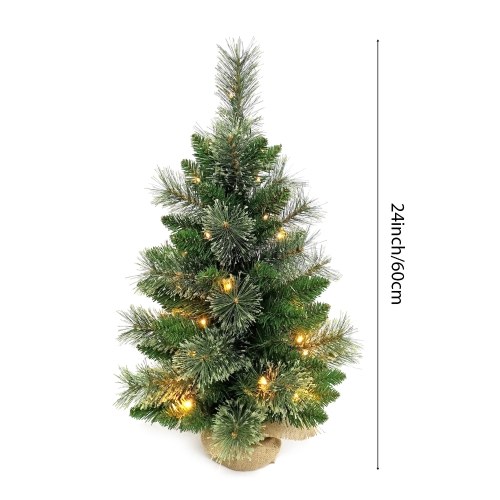 24 Inch Small Christmas Tree with Floral Pine Needles Warm White LED Light String Burlap Wrapped Base Christmas Ornament for Table Top Desk Classic Series Holiday Decoration 