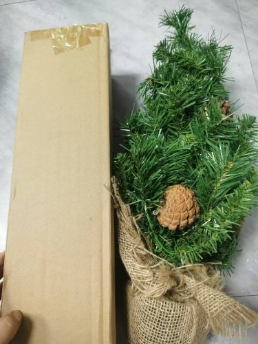 24 Inch Small Christmas Tree with Floral Pine Needles Warm White LED Light String Burlap Wrapped Base Christmas Ornament for Table Top Desk Classic Series Holiday Decoration 