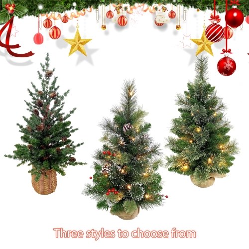 24 Inch Small Christmas Tree with Floral Pine Needles Warm White LED Light String Burlap Wrapped Base Christmas Ornament for Table Top Desk Classic Series Holiday Decoration 