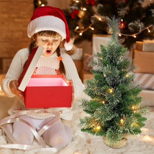 24 Inch Small Christmas Tree with Floral Pine Needles Warm White LED Light String Burlap Wrapped Base Christmas Ornament for Table Top Desk Classic Series Holiday Decoration 