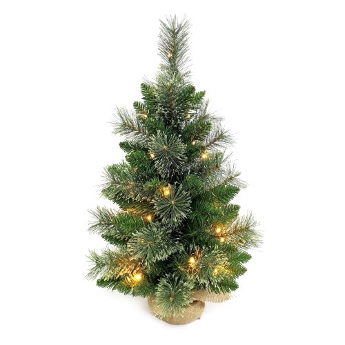 24 Inch Small Christmas Tree with Floral Pine Needles Warm White LED Light String Burlap Wrapped Base Christmas Ornament for Table Top Desk Classic Series Holiday Decoration 
