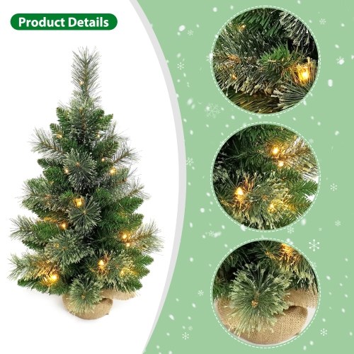 24 Inch Small Christmas Tree with Floral Pine Needles Warm White LED Light String Burlap Wrapped Base Christmas Ornament for Table Top Desk Classic Series Holiday Decoration 