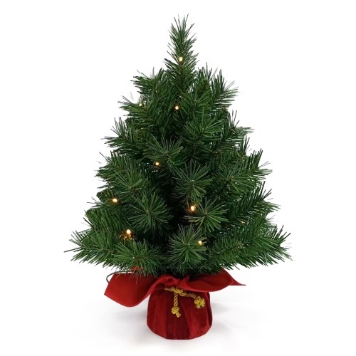 20 Inch Small Christmas Tree Tabletop Decor with Warm White LED Light String Green PVC Pine Needle Tree Red Velvet Base Christmas Ornament  for Table Top Desk Classic Series Holiday Decoration