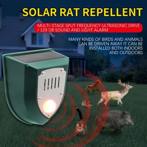 Solar Electronic Ultrasonic Repeller with PIR Motion Sensor Alarm Timed Human Body Induction Infrared Alarm Light Anti-theft Animal Repeller Device IP55 Waterproof for Home Villa Outdoor Farm Yard 
