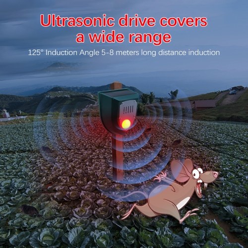 Solar Electronic Ultrasonic Repeller with PIR Motion Sensor Alarm Timed Human Body Induction Infrared Alarm Light Anti-theft Animal Repeller Device IP55 Waterproof for Home Villa Outdoor Farm Yard 