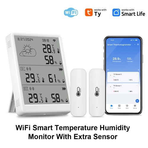 WiFi Smart Temperature Humidity Monitor With Sensor APP Remote Control Digital Temperature Humidity Sensor Real-time Monitoring Voice Control for Indoor Home Bedroom Greenhouse Garage 