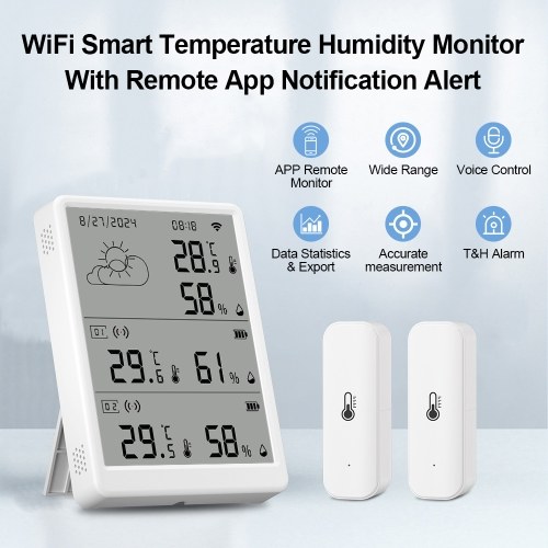 WiFi Smart Temperature Humidity Monitor With Sensor APP Remote Control Digital Temperature Humidity Sensor Real-time Monitoring Voice Control for Indoor Home Bedroom Greenhouse Garage 