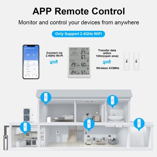 WiFi Smart Temperature Humidity Monitor With Sensor APP Remote Control Digital Temperature Humidity Sensor Real-time Monitoring Voice Control for Indoor Home Bedroom Greenhouse Garage 