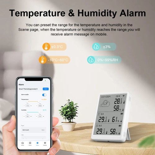 WiFi Smart Temperature Humidity Monitor With Sensor APP Remote Control Digital Temperature Humidity Sensor Real-time Monitoring Voice Control for Indoor Home Bedroom Greenhouse Garage 
