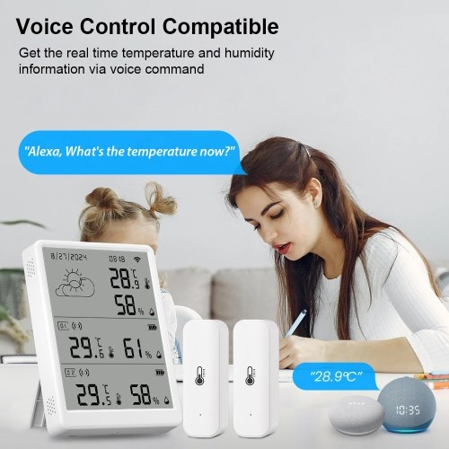 WiFi Smart Temperature Humidity Monitor With Sensor APP Remote Control Digital Temperature Humidity Sensor Real-time Monitoring Voice Control for Indoor Home Bedroom Greenhouse Garage 