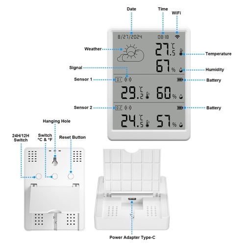 WiFi Smart Temperature Humidity Monitor With Sensor APP Remote Control Digital Temperature Humidity Sensor Real-time Monitoring Voice Control for Indoor Home Bedroom Greenhouse Garage 