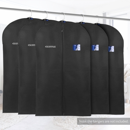 

Esonmus 5pcs 128 * 60cm Non-Woven Dustproof Hanging Garment Clothes Bags Dress Suit Covers with PVC Window for Closet Travel--Black