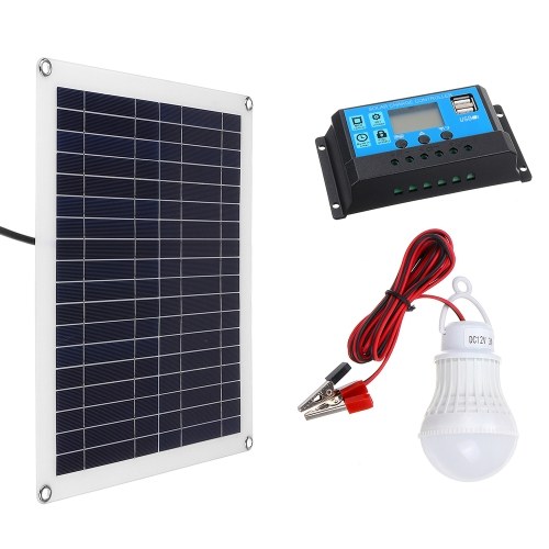 20W Monocrystalline Solar Panel Module Kit 2pcs 3W Light Bulb 10A Solar Charge Controller for Home RV Car Boat Batterys Charging