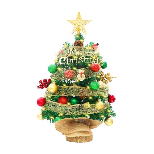 2FT LED Tabletop Christmas Tree with LED String Lights Top Star Red Green Balls Ribbon Mini Artificial Christmas Tree for Holiday Decoration