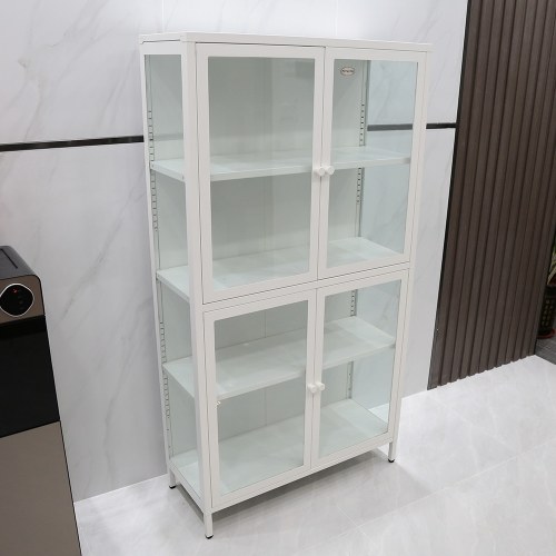 

Homgoday Stylish Tempered Glass Cabinet Credenza with 4 Glass Doors Adjustable Shelves Anti-Tip Dust-free Enclosed Cupboard for Kitchen Living Room