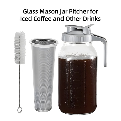 Glass Mason Jar Pitcher with Lid 2 Quart (64oz / 2L) Wide Mouth Leak Proof Water Jug with Filter Lid Cold Brew Pitcher for Water / Juice / Milk / Tea / Iced Coffee and Drinks 