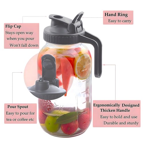 Glass Mason Jar Pitcher with Lid 2 Quart (64oz / 2L) Wide Mouth Leak Proof Water Jug with Filter Lid Cold Brew Pitcher for Water / Juice / Milk / Tea / Iced Coffee and Drinks 