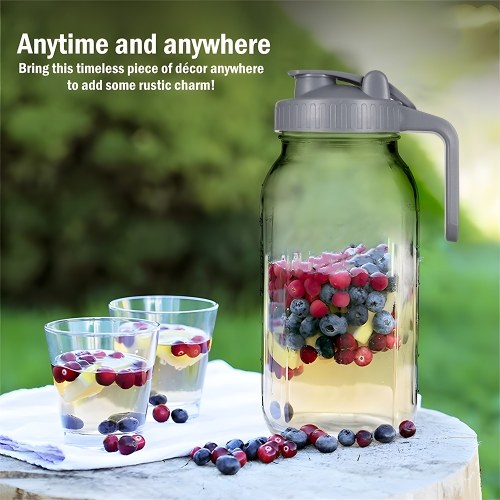 Glass Mason Jar Pitcher with Lid 2 Quart (64oz / 2L) Wide Mouth Leak Proof Water Jug with Filter Lid Cold Brew Pitcher for Water / Juice / Milk / Tea / Iced Coffee and Drinks 