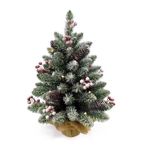 20 Inch Small Christmas Tree Tabletop Decor with Warm White LED Light String Red Fruit Plastic Pine Cone Burlap Base Christmas Ornament  for Table Top Desk Classic Series Holiday Decoration 