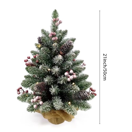 20 Inch Small Christmas Tree Tabletop Decor with Warm White LED Light String Red Fruit Plastic Pine Cone Burlap Base Christmas Ornament  for Table Top Desk Classic Series Holiday Decoration 