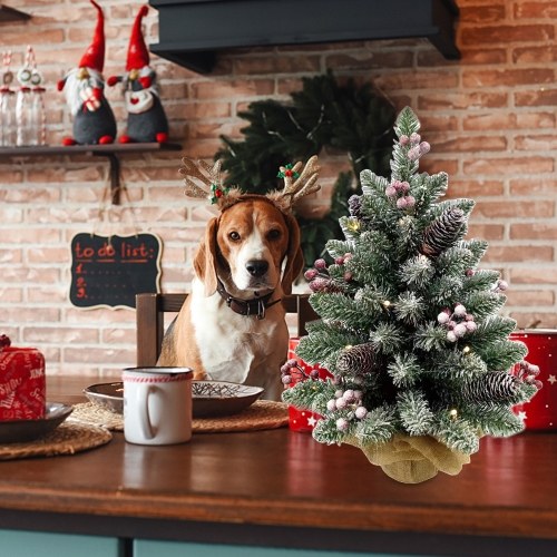 20 Inch Small Christmas Tree Tabletop Decor with Warm White LED Light String Red Fruit Plastic Pine Cone Burlap Base Christmas Ornament  for Table Top Desk Classic Series Holiday Decoration 