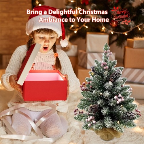 20 Inch Small Christmas Tree Tabletop Decor with Warm White LED Light String Red Fruit Plastic Pine Cone Burlap Base Christmas Ornament  for Table Top Desk Classic Series Holiday Decoration 