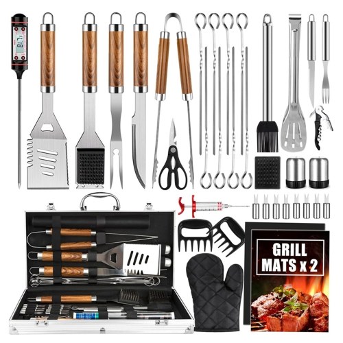 38Pcs BBQ Grill Accessories Set Portable Stainless Steel Grill Tools Grilling Accessories with Aluminum Case Thermometer Gloves Grill Mats for Outdoor Camping Backyard Barbecue Picnic