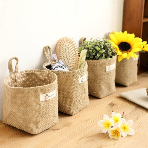 

Reversible Linen Hanging Bag Mini Desk Storage Pocket Simple Desk Basket Organizer Wall Door Decor Case Sack Pouch Polka Dot Strip