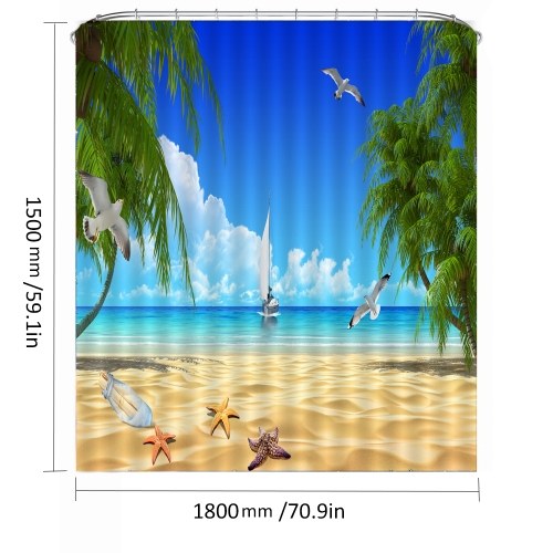 Simulation 3D Seaview Natural Scenery Waterproof Shower Curtain Drapes of Bathroom Toilet with Hooks