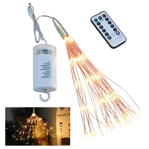 Luzes de fogos de artifício de 200 LEDs penduradas Luz decorativa de Natal Controle remoto operado por bateria 8 modos de luz Branco quente interno e externo Starburst Luzes LED para festas de quarto de casamento Vitrine de rua