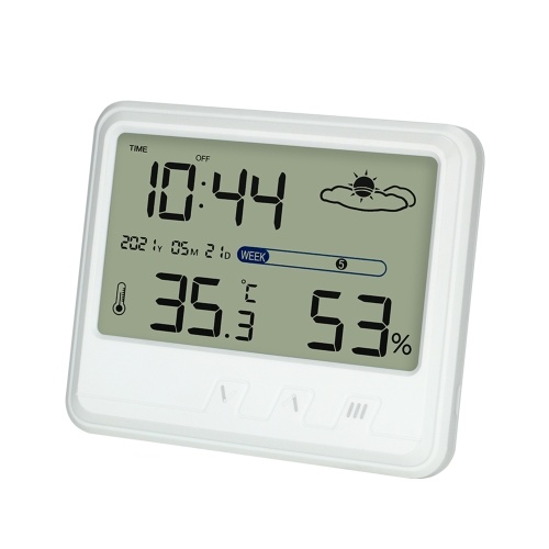 Higrômetro interno Termômetro com hora Data Semana Backlight Display LCD Relógio Calendário USB Desk Medidores de umidade eletrônicos de temperatura com suporte para adega de estufa doméstica