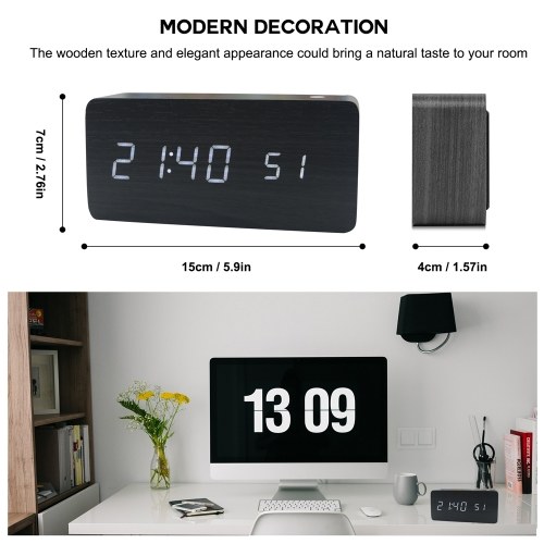 

Wooden Digital Alarm Clock 8 Levels Adjustable Brightness Digital Clock with LED Time Date Temperature Display Sound Control Weekday/Weekend Mode for Bedroom Bedside Desk office