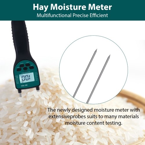 Hay Moisture Meter Hay Bale Moisture Tester Dual-rod Sensor with LCD Backlit Display for Paddy Wheat Corn Barley Rice 