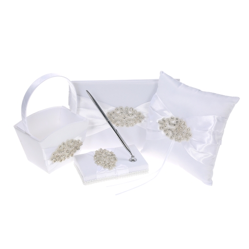 4pcs/set Wedding Supplies Satin Flower Girl Basket + 7 * 7 inches Ring Bearer Pillow + Guest Book + Pen Holder with Rhinestone Decoration