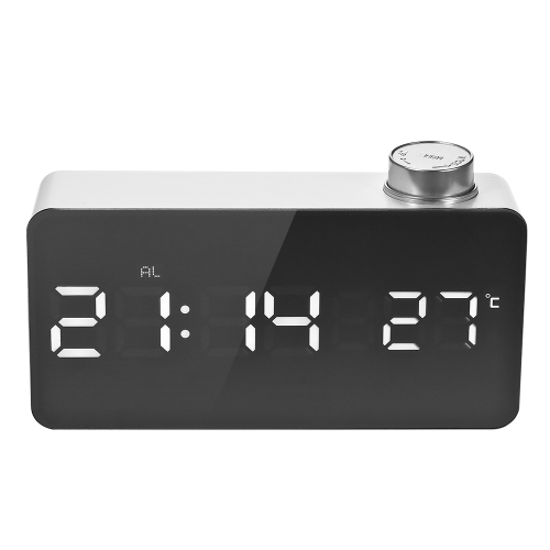 Digital LED Mirror Alarm Clock USB e batteria 12H / 24H ° C / ° F Allarme display con manopola rotante LED regolabile Luminanza Funzione snooze