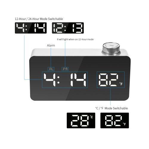 

Digital LED Mirror Alarm Clock USB & Battery Operated 12H/24H °C/°F Display Alarm with Rotating Knob Adjustable LED Luminance Snooze Function
