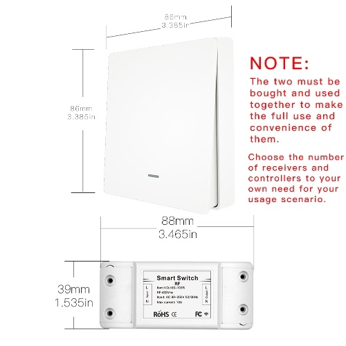 

AC 90-250V Switch and Receiver Kit 433Mhz Stick-on Wall Switch Remote Control Lighting Fixture Relay Receiver