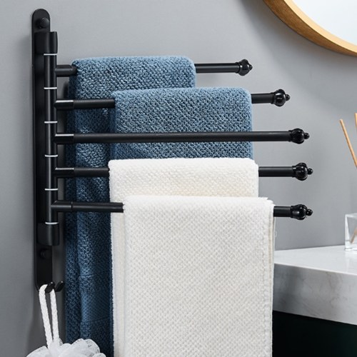 Swivel Out Towel Racks with Hooks 2-Bars Foldable Arms Bath Towel Hanger Wall Mount Towel Bar Aluminum Towel Holder Organizer for Bathroom Kitchen