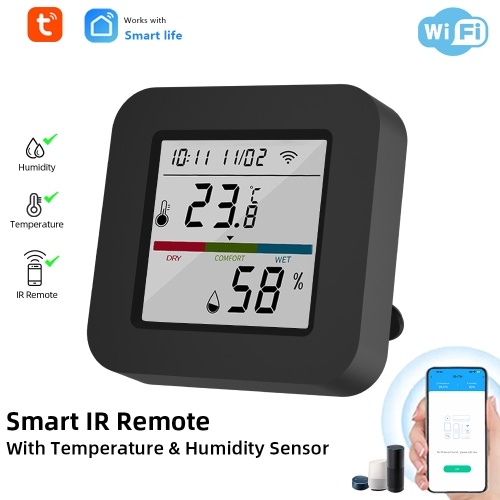 3 In 1 IR Remote Control with Smart Temperature Humidity Monitor LCD Screen WiFi BT Dual Mode Universal Remote Control TY APP Timing Voice Control for Home Office Garage Temperature Humidity Sensor 