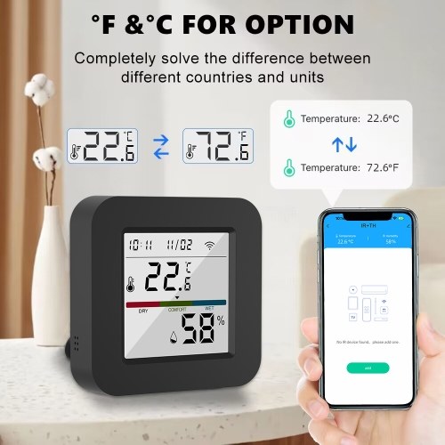 3 In 1 IR Remote Control with Smart Temperature Humidity Monitor LCD Screen WiFi BT Dual Mode Universal Remote Control TY APP Timing Voice Control for Home Office Garage Temperature Humidity Sensor 